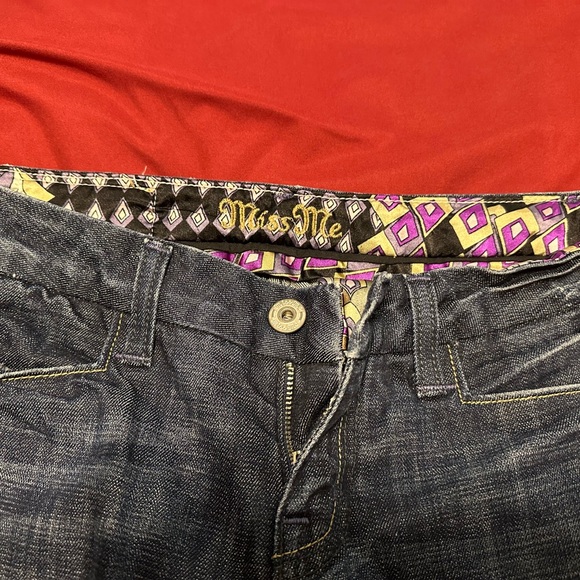 Miss Me Vintage Bell Bottom Dark Blue Jeans with Patterned Waistband - Picture 1 of 8